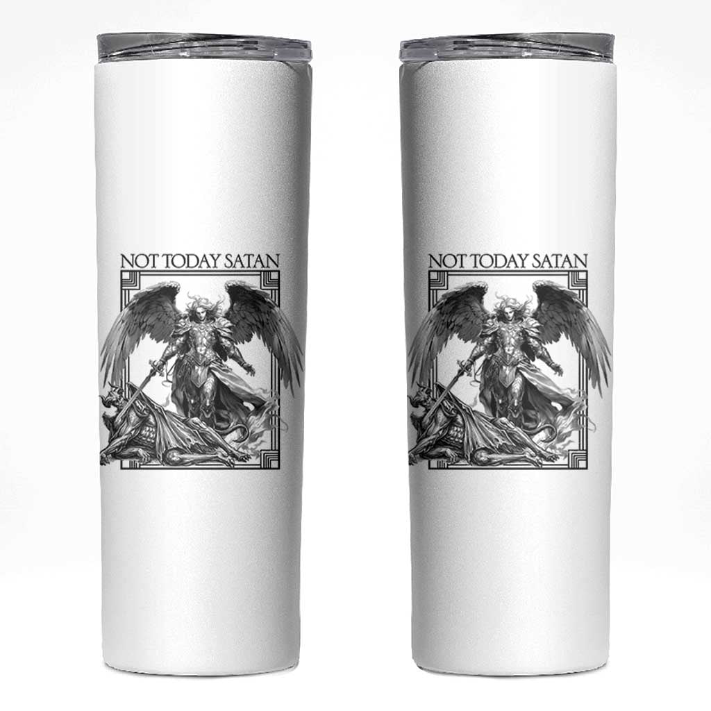 Funny Saint Michael Defeating Satan Skinny Tumbler Not Today Satan