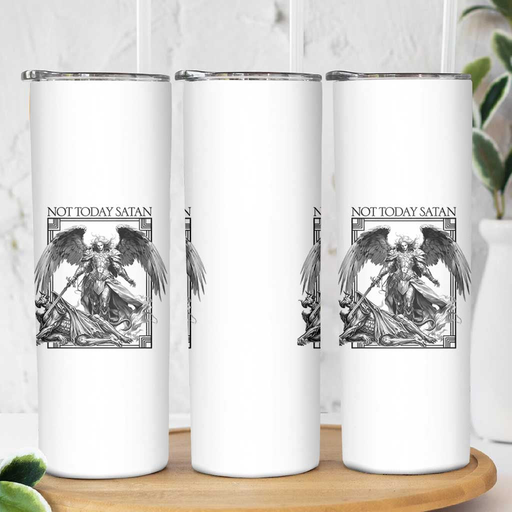 Funny Saint Michael Defeating Satan Skinny Tumbler Not Today Satan