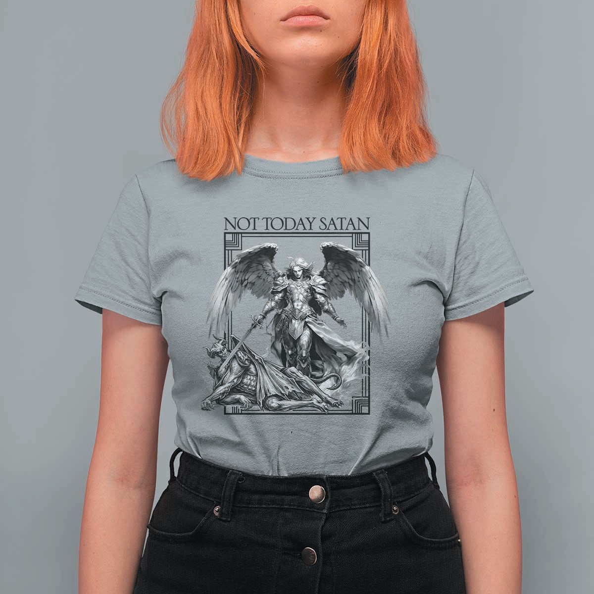Funny Saint Michael Defeating Satan T Shirt For Women Not Today Satan
