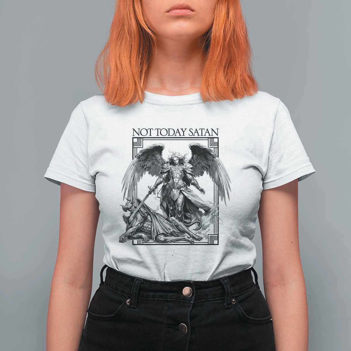 Funny Saint Michael Defeating Satan T Shirt For Women Not Today Satan