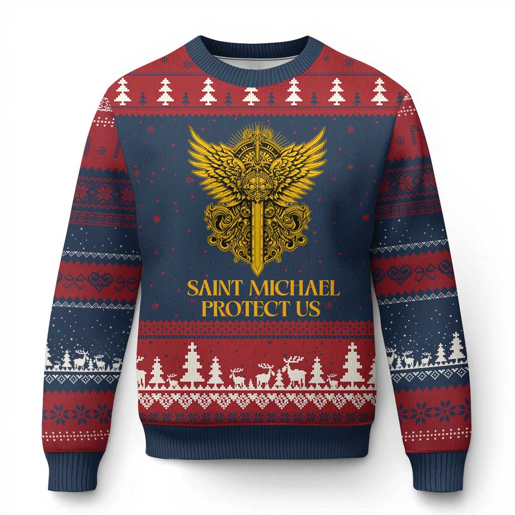 Vintage Catholic Saint Michael Protect Us Ugly Christmas Sweater Religious Gift