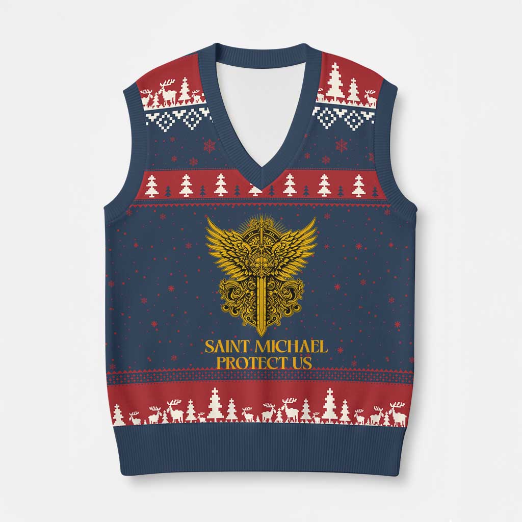 Vintage Catholic Saint Michael Protect Us V-Neck Knit Sweater Vest Religious Gift
