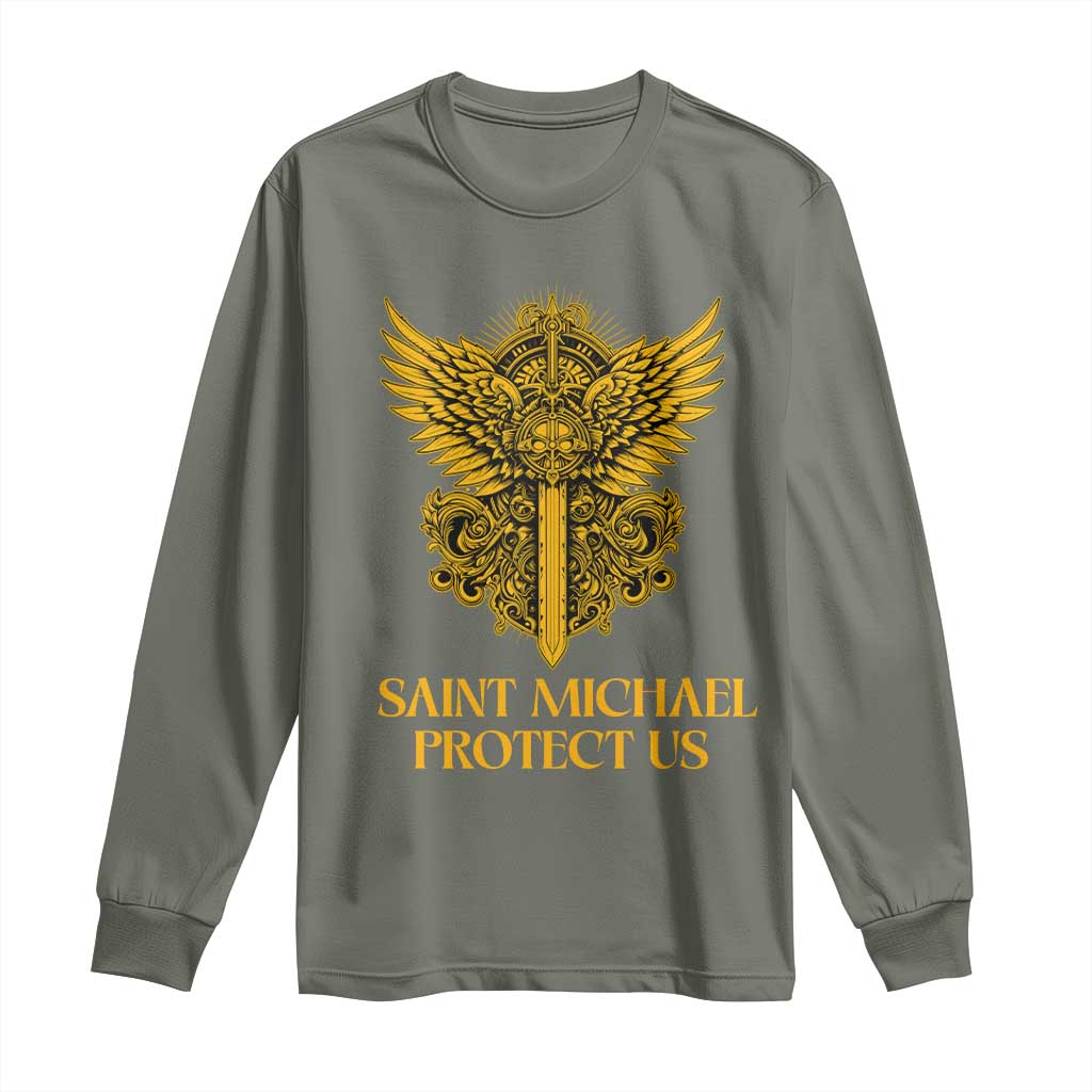 Vintage Catholic Saint Michael Protect Us Long Sleeve Shirt Religious Gift