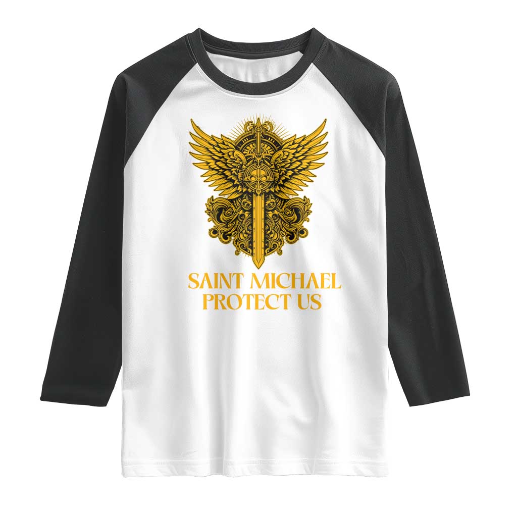 Vintage Catholic Saint Michael Protect Us Raglan Shirt Religious Gift