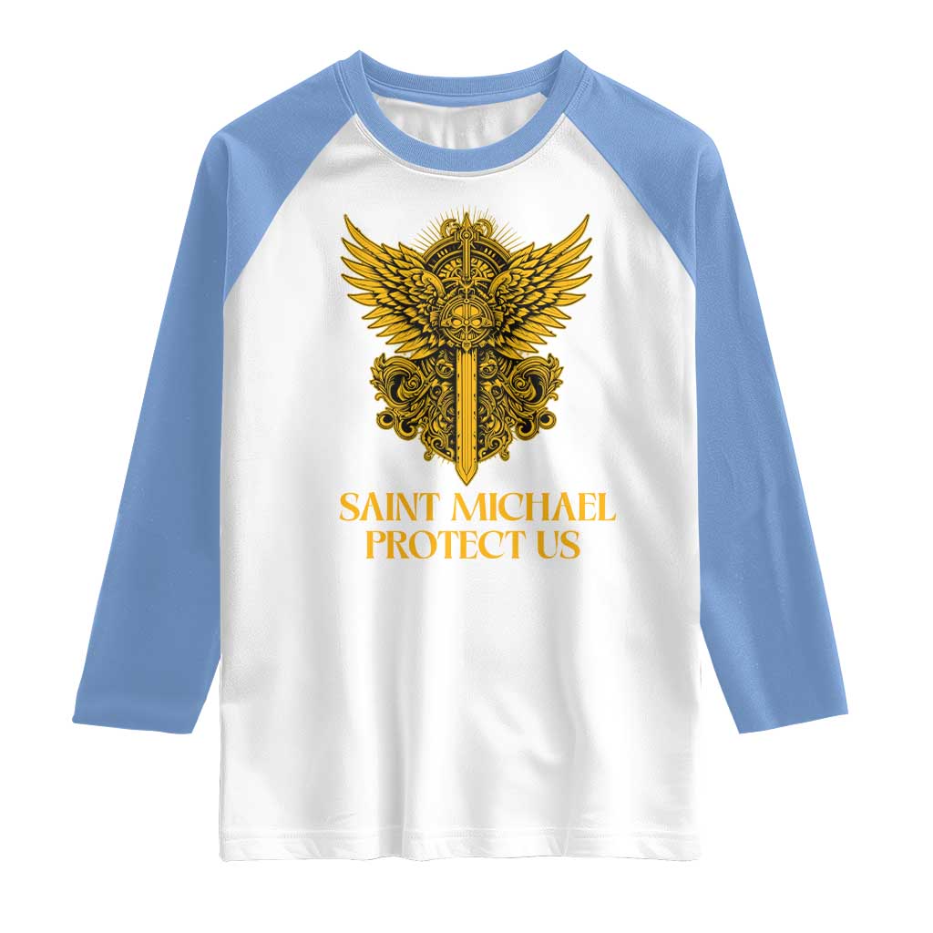 Vintage Catholic Saint Michael Protect Us Raglan Shirt Religious Gift