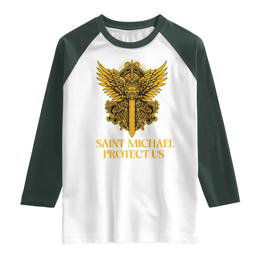 Vintage Catholic Saint Michael Protect Us Raglan Shirt Religious Gift