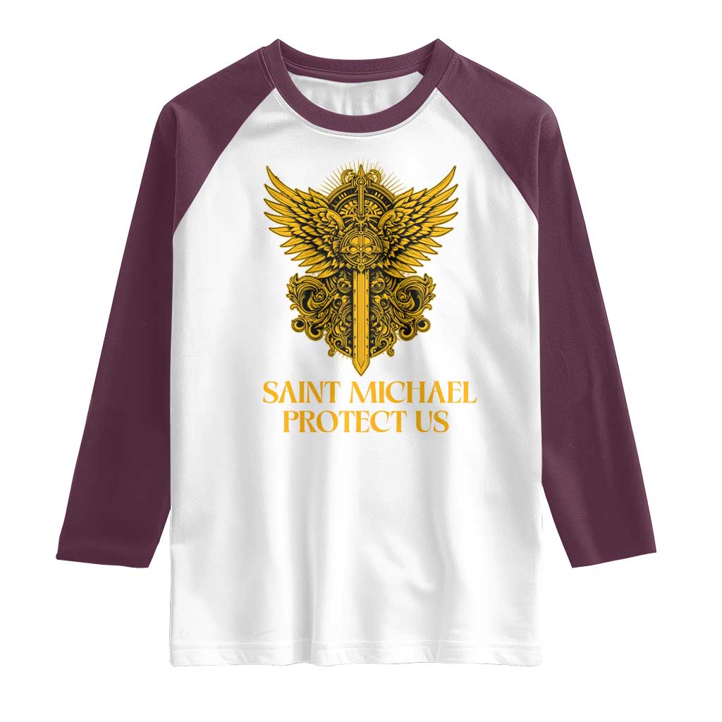 Vintage Catholic Saint Michael Protect Us Raglan Shirt Religious Gift