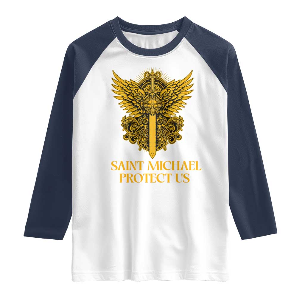 Vintage Catholic Saint Michael Protect Us Raglan Shirt Religious Gift