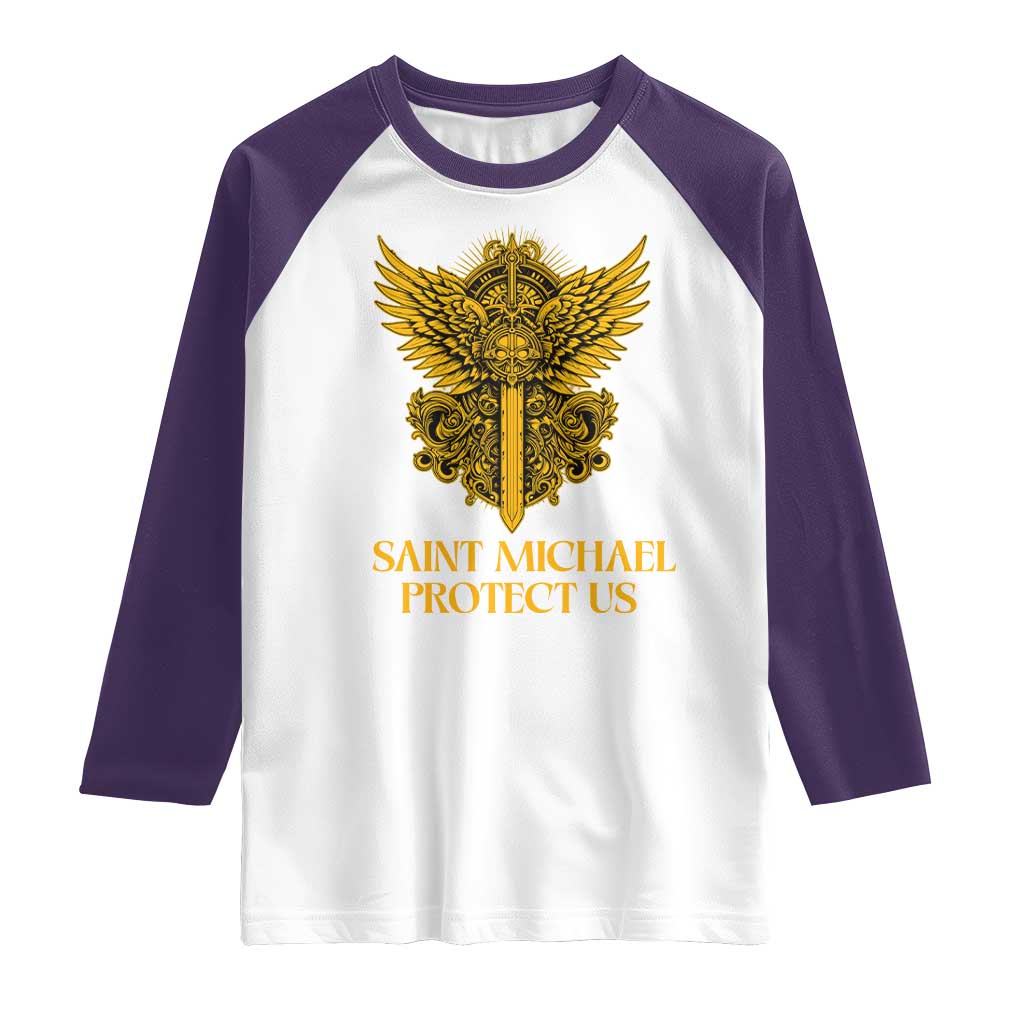 Vintage Catholic Saint Michael Protect Us Raglan Shirt Religious Gift