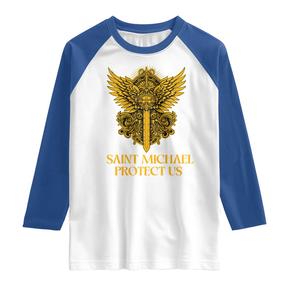 Vintage Catholic Saint Michael Protect Us Raglan Shirt Religious Gift
