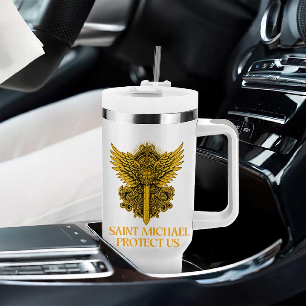 Vintage Catholic Saint Michael Protect Us Tumbler With Handle Religious Gift