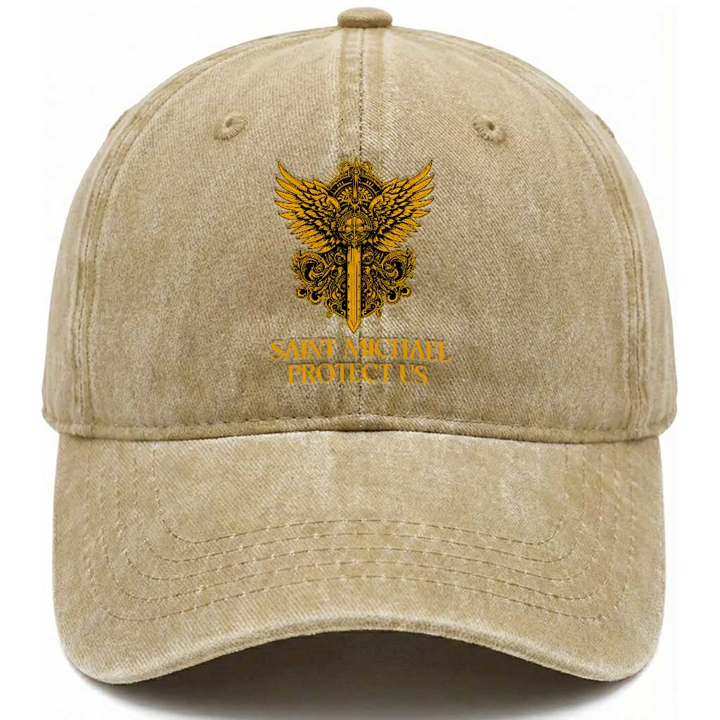 Vintage Catholic Saint Michael Protect Us Washed Cotton Baseball Cap Religious Gift