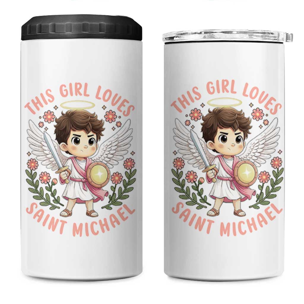 This Girl Loves Saint Michael 4 in 1 Can Cooler Tumbler Religious Faith Gift