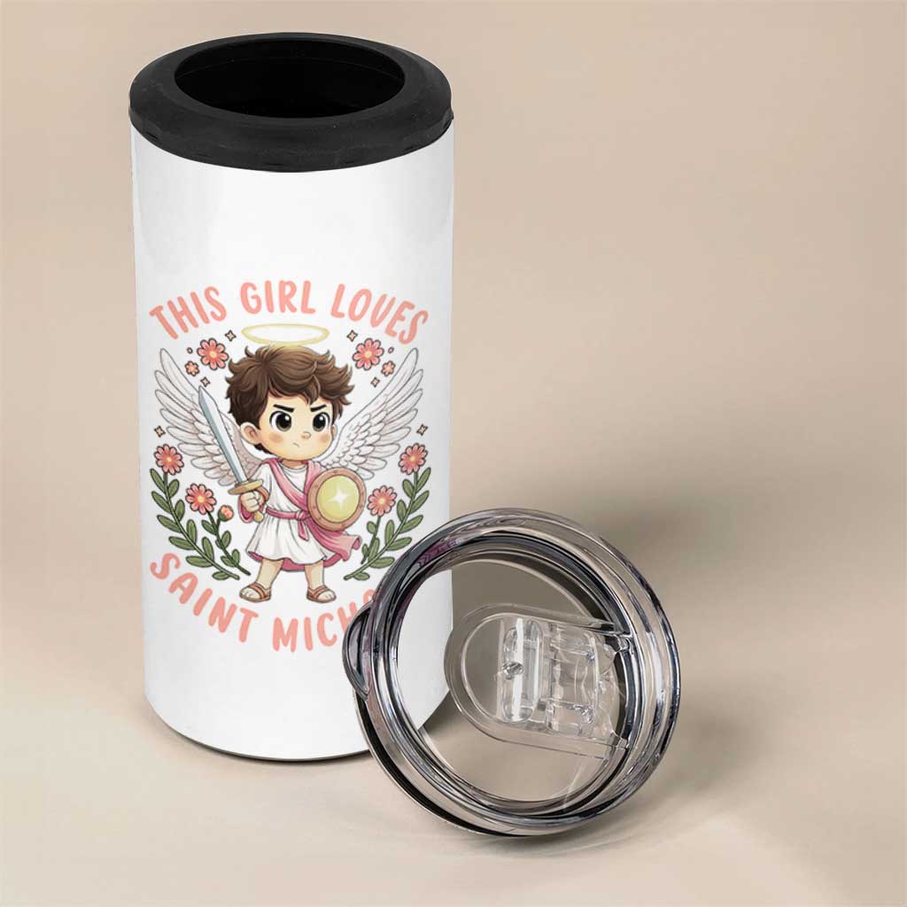 This Girl Loves Saint Michael 4 in 1 Can Cooler Tumbler Religious Faith Gift
