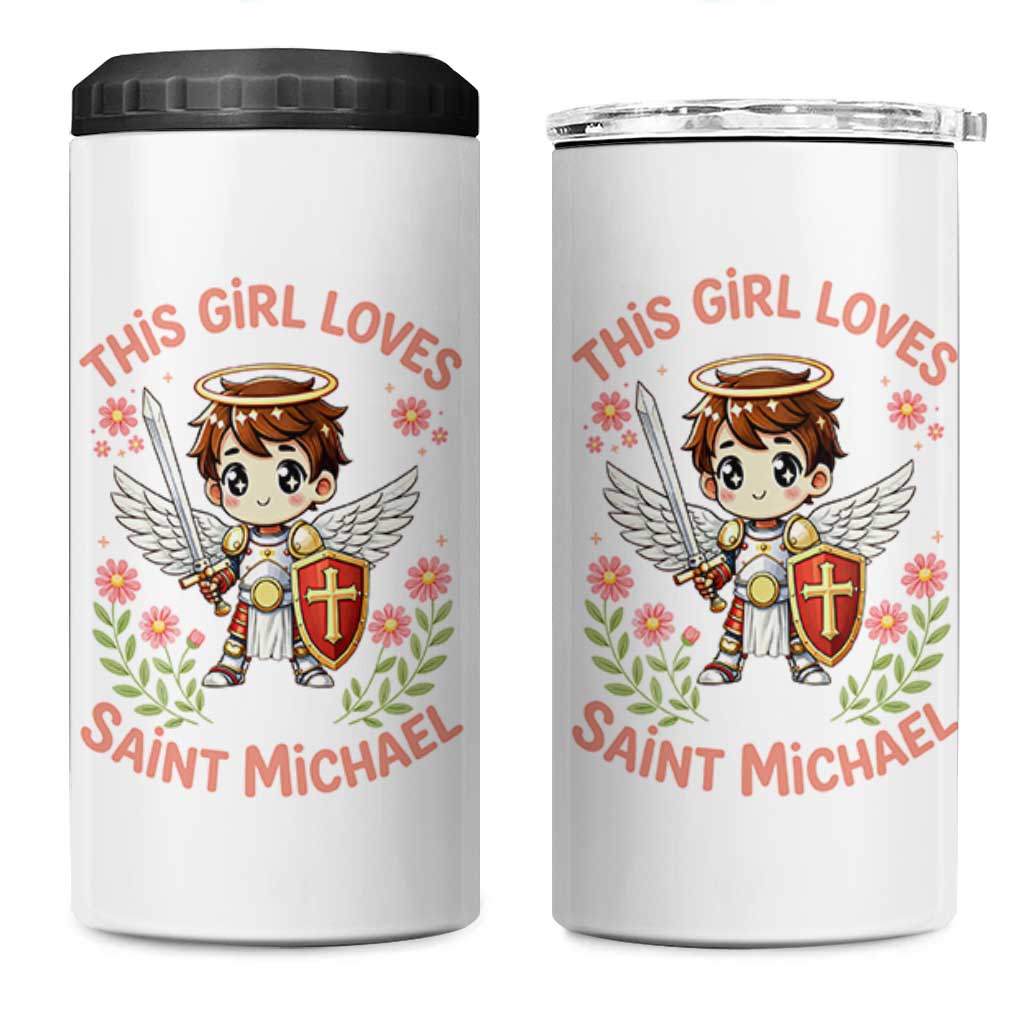 This Girl Loves Saint Michael 4 in 1 Can Cooler Tumbler Catholic Faith Gift