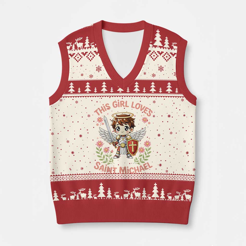 This Girl Loves Saint Michael V-Neck Knit Sweater Vest Catholic Faith Gift