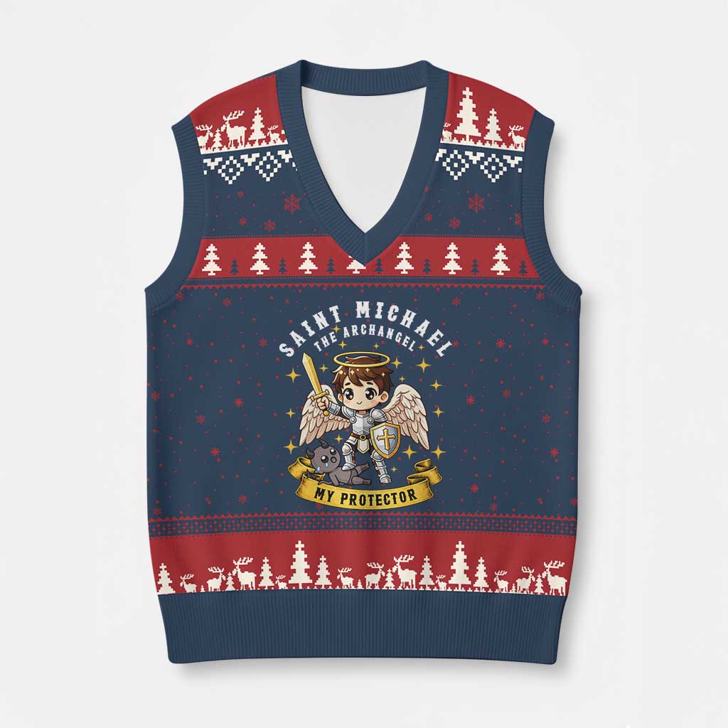 Funny Saint Michael Defeating Satan V-Neck Knit Sweater Vest Religious Faith Gift