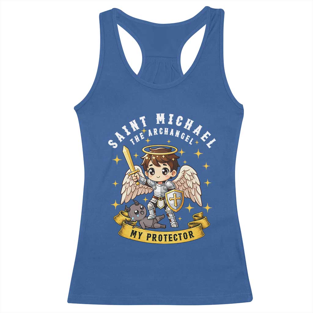 Funny Saint Michael Defeating Satan Racerback Tank Top Religious Faith Gift