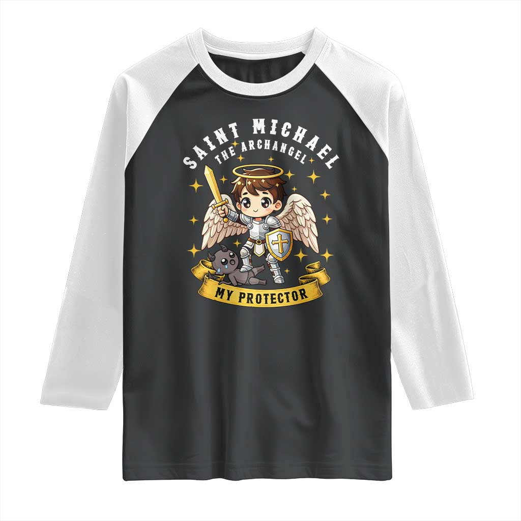 Funny Saint Michael Defeating Satan Raglan Shirt Religious Faith Gift
