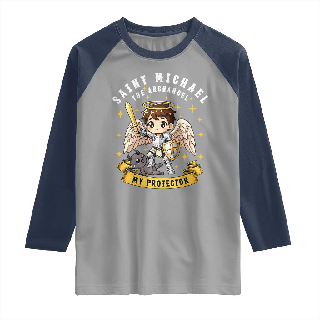 Funny Saint Michael Defeating Satan Raglan Shirt Religious Faith Gift