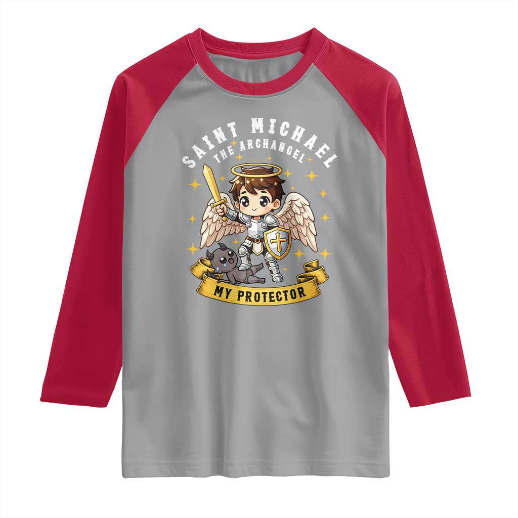 Funny Saint Michael Defeating Satan Raglan Shirt Religious Faith Gift