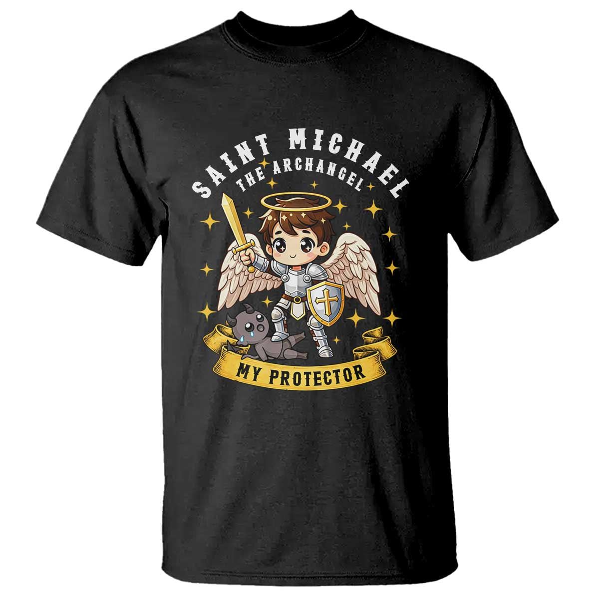 Funny Saint Michael Defeating Satan T Shirt Religious Faith Gift