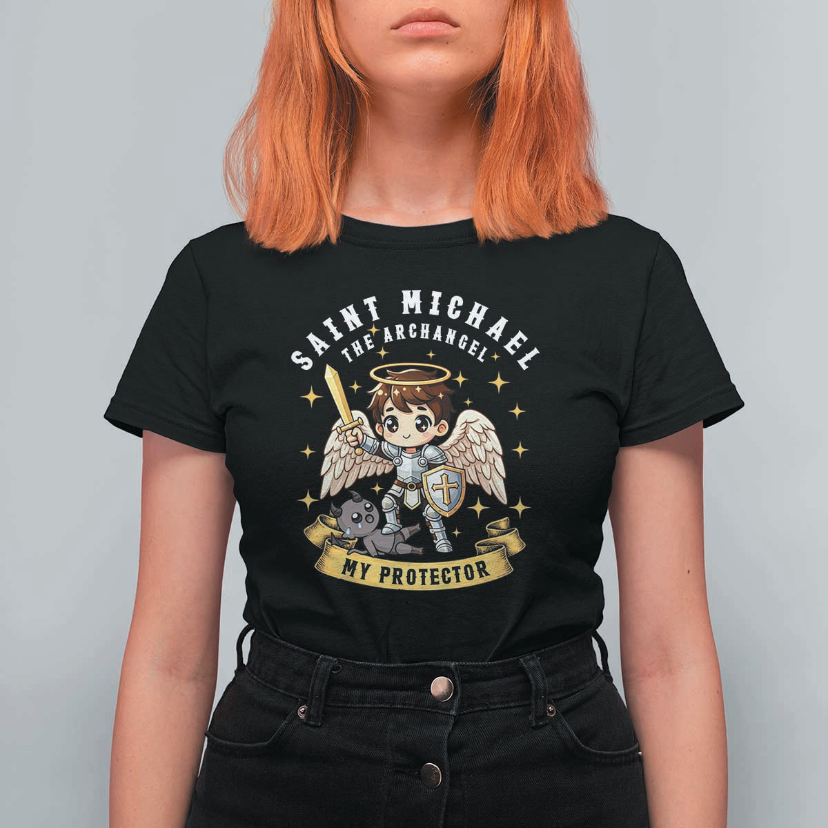 Funny Saint Michael Defeating Satan T Shirt For Women Religious Faith Gift