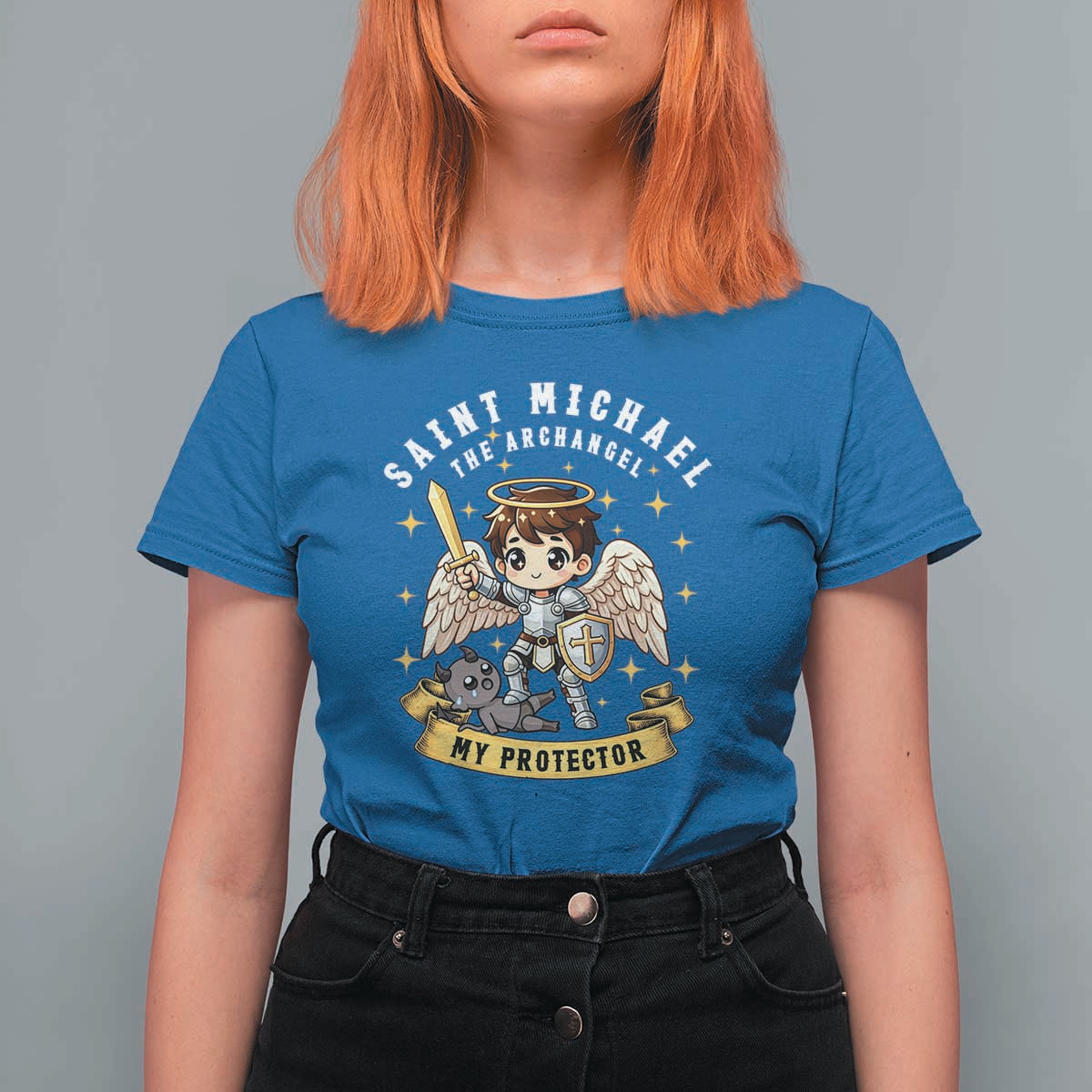 Funny Saint Michael Defeating Satan T Shirt For Women Religious Faith Gift