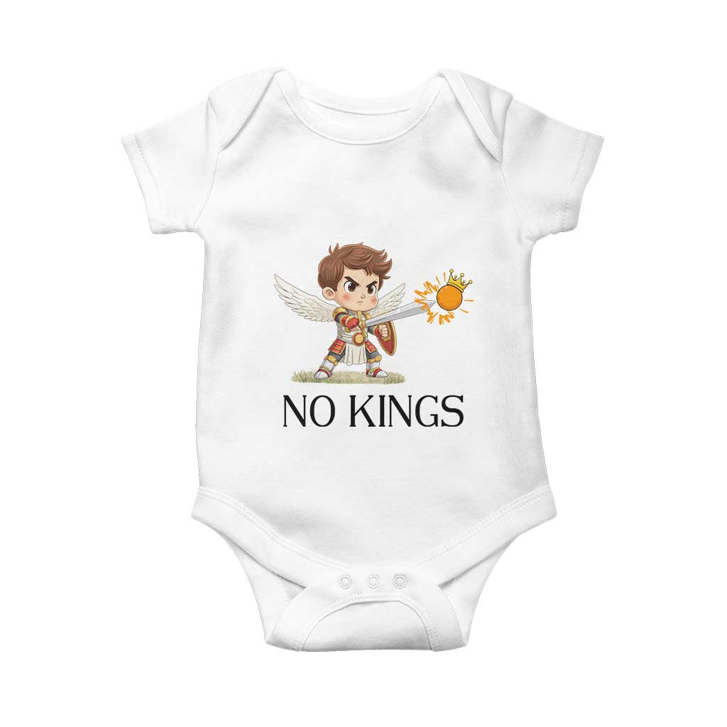 No Kings Baby Onesie Funny Saint Michael Topples The Crown