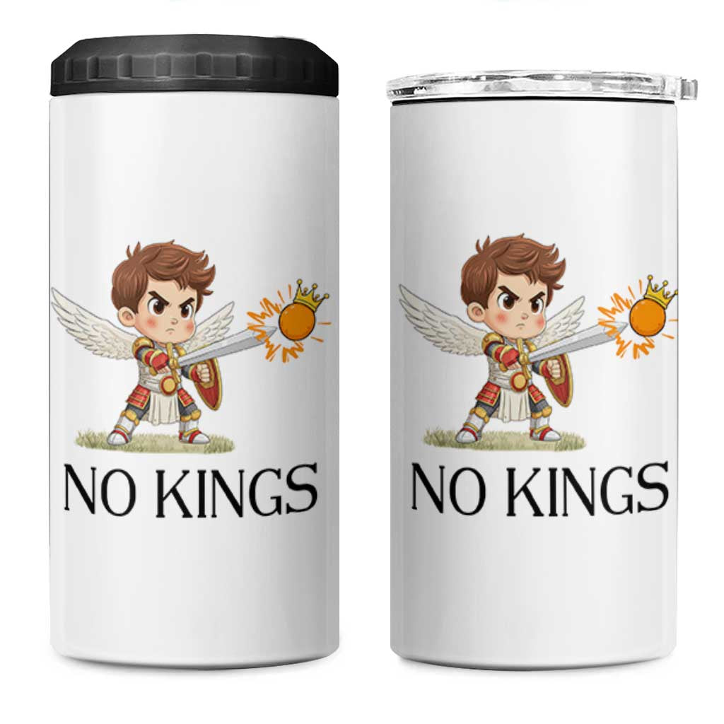 No Kings 4 in 1 Can Cooler Tumbler Funny Saint Michael Topples The Crown