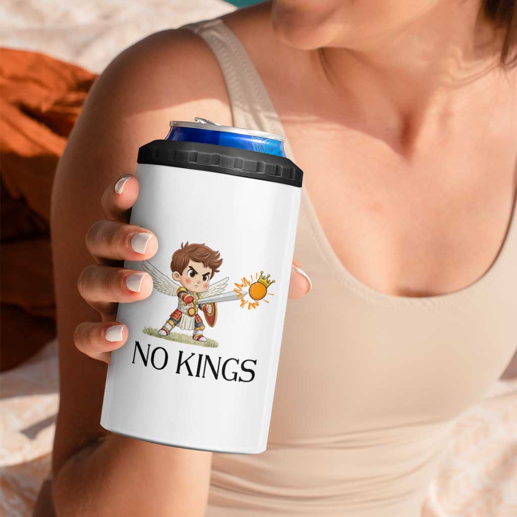 No Kings 4 in 1 Can Cooler Tumbler Funny Saint Michael Topples The Crown