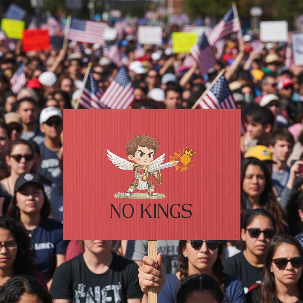 No Kings Protest Sign Funny Saint Michael Topples The Crown