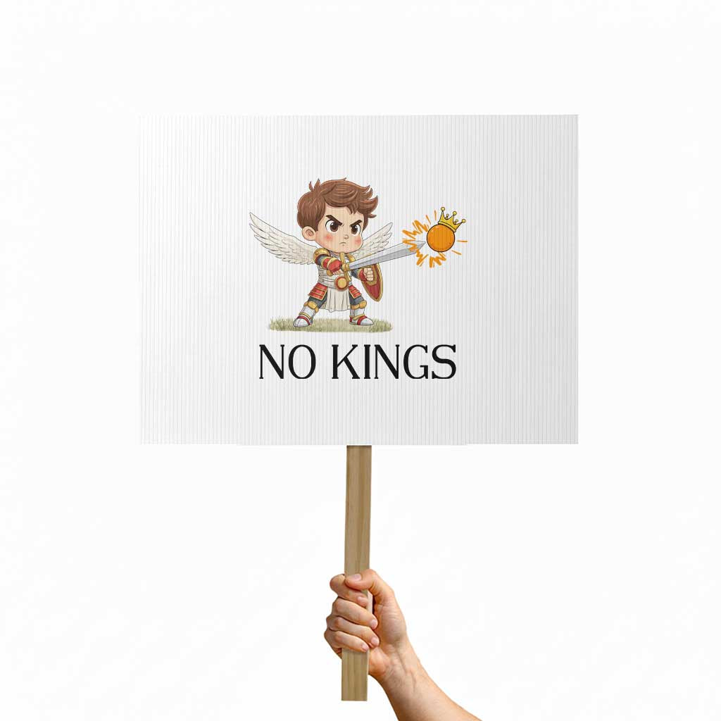 No Kings Protest Sign Funny Saint Michael Topples The Crown