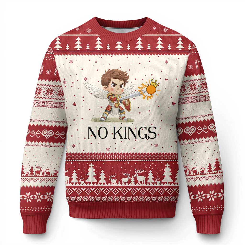 No Kings Ugly Christmas Sweater Funny Saint Michael Topples The Crown