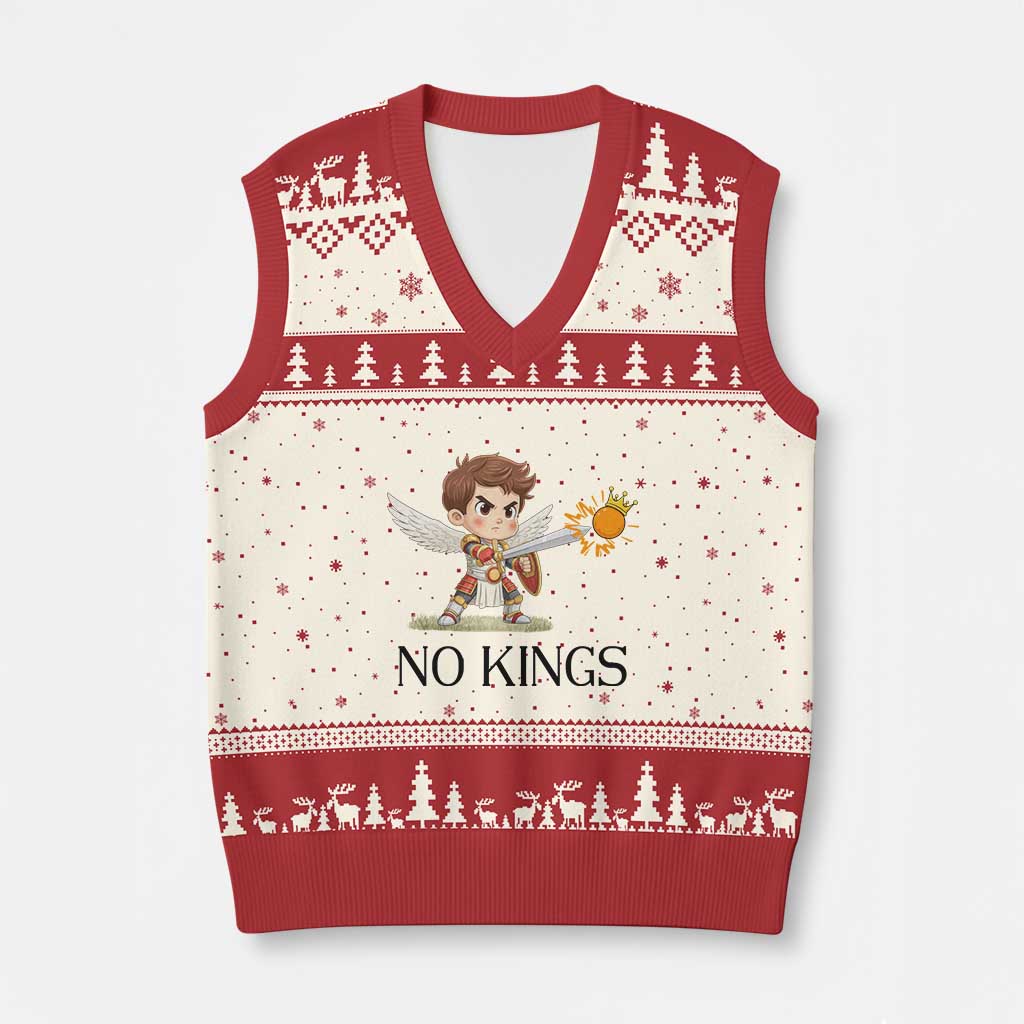 No Kings V-Neck Knit Sweater Vest Funny Saint Michael Topples The Crown