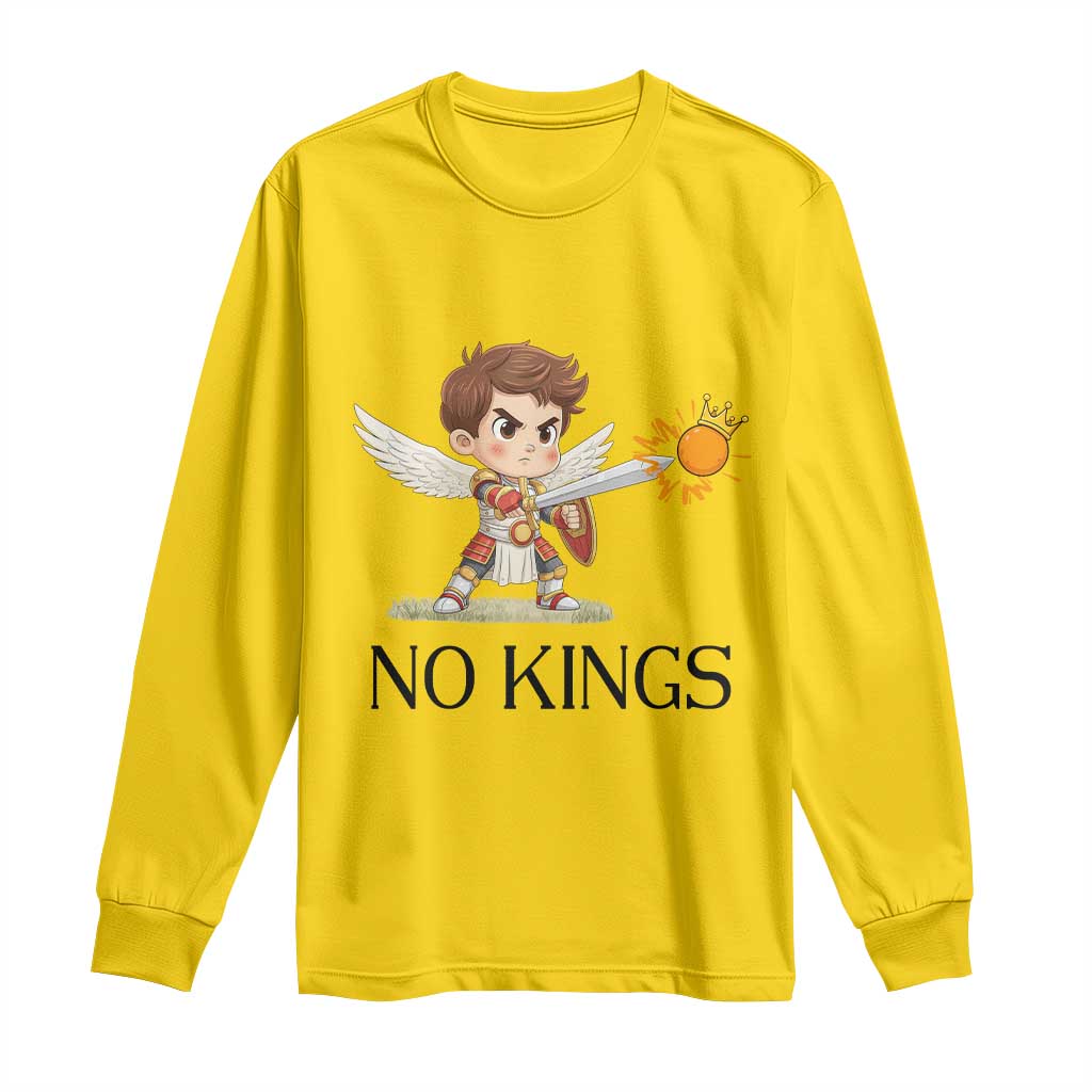 No Kings Long Sleeve Shirt Funny Saint Michael Topples The Crown