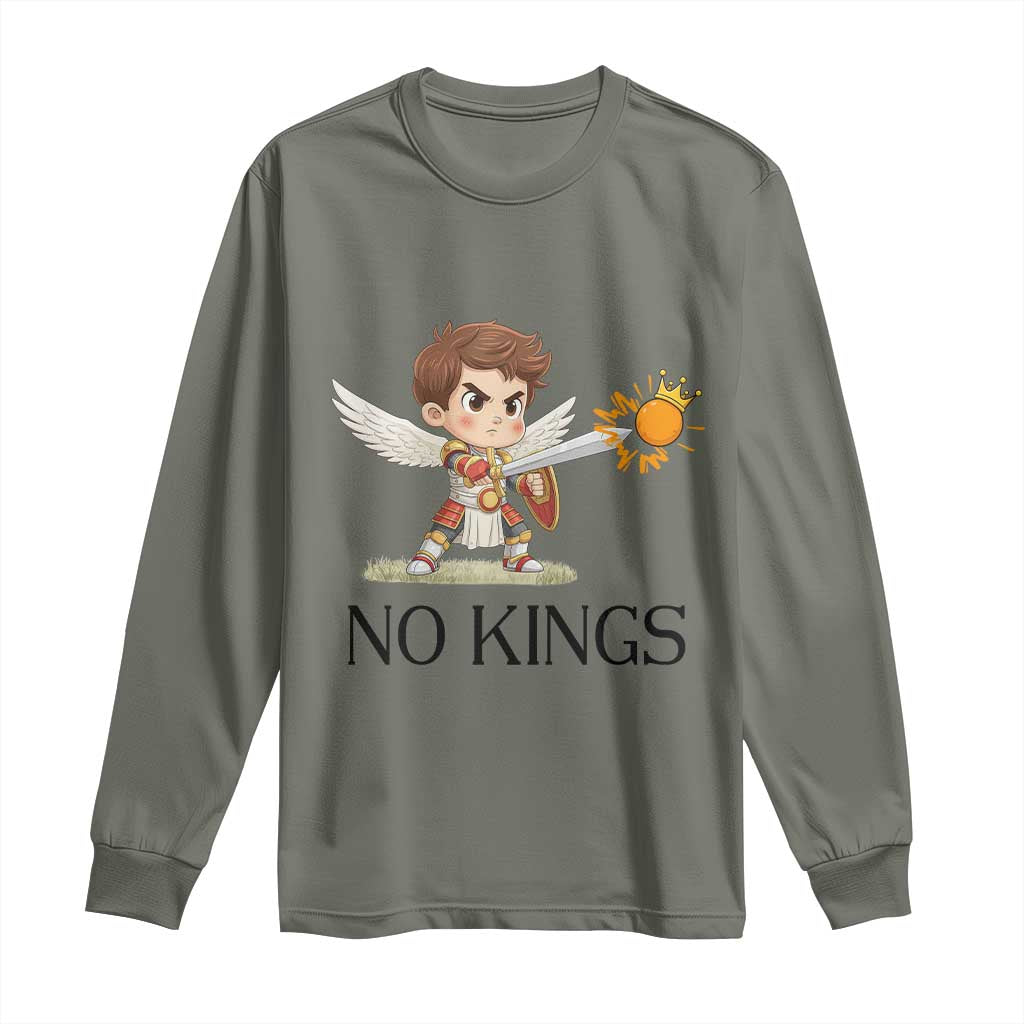 No Kings Long Sleeve Shirt Funny Saint Michael Topples The Crown
