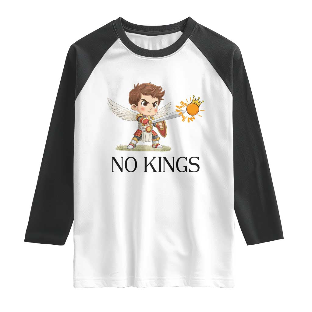 No Kings Raglan Shirt Funny Saint Michael Topples The Crown