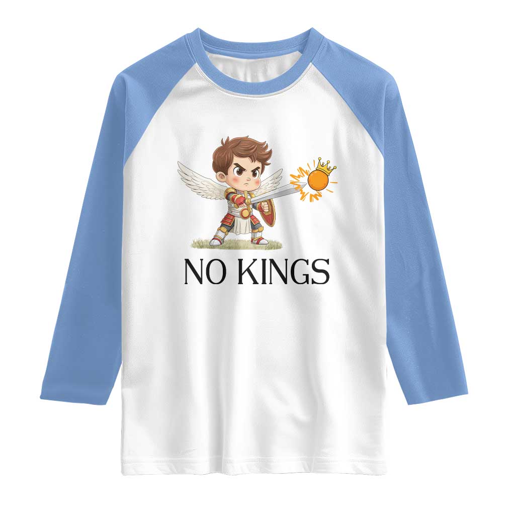 No Kings Raglan Shirt Funny Saint Michael Topples The Crown