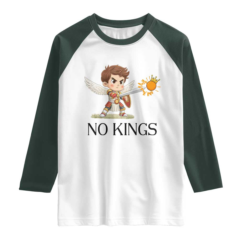 No Kings Raglan Shirt Funny Saint Michael Topples The Crown