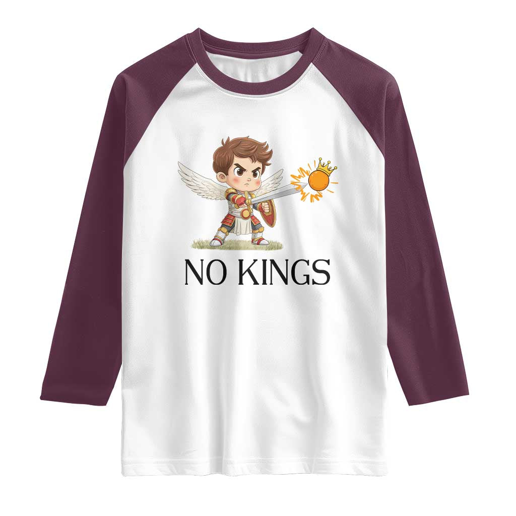 No Kings Raglan Shirt Funny Saint Michael Topples The Crown