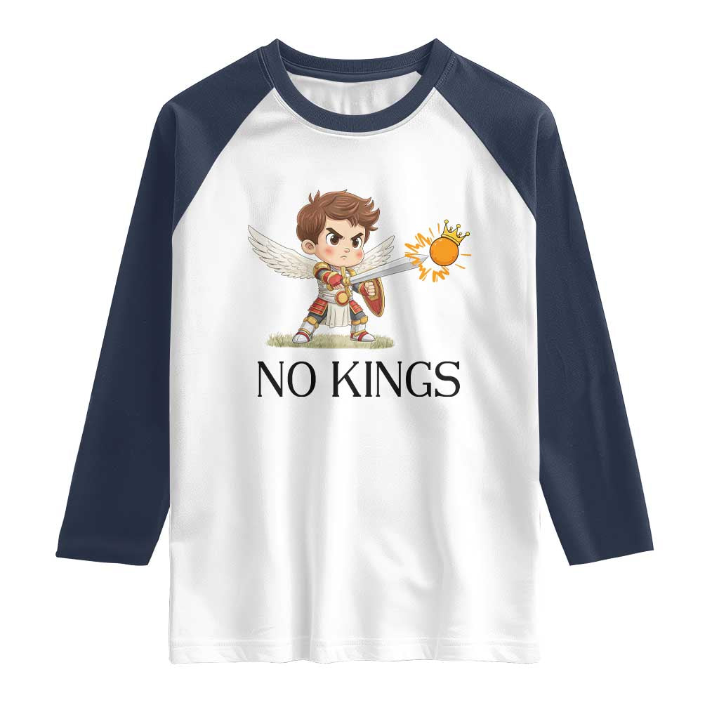 No Kings Raglan Shirt Funny Saint Michael Topples The Crown