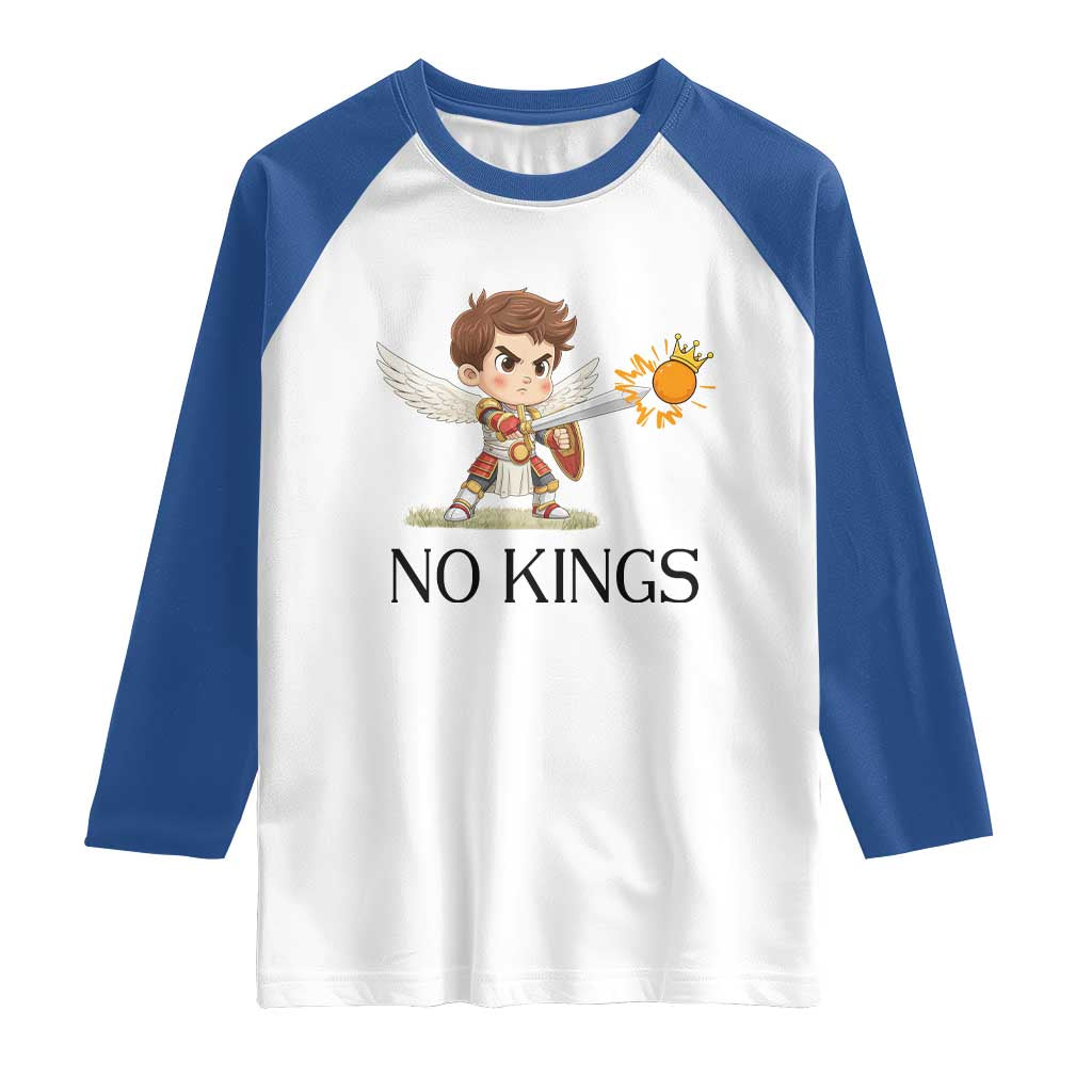 No Kings Raglan Shirt Funny Saint Michael Topples The Crown