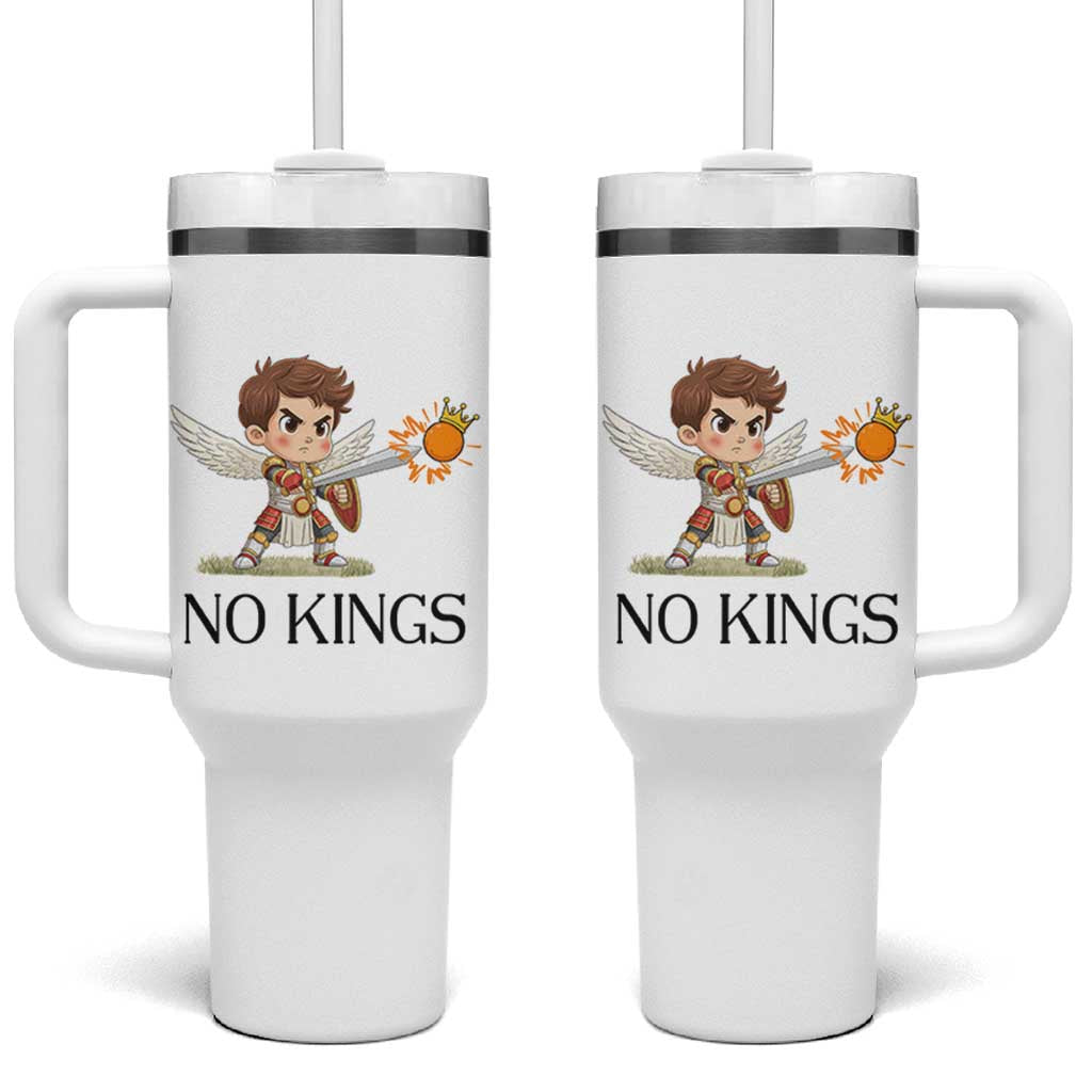 No Kings Tumbler With Handle Funny Saint Michael Topples The Crown
