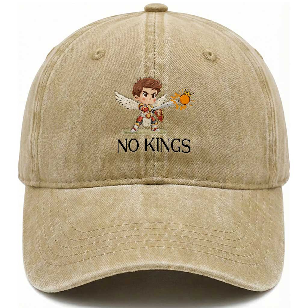 No Kings Washed Cotton Baseball Cap Funny Saint Michael Topples The Crown