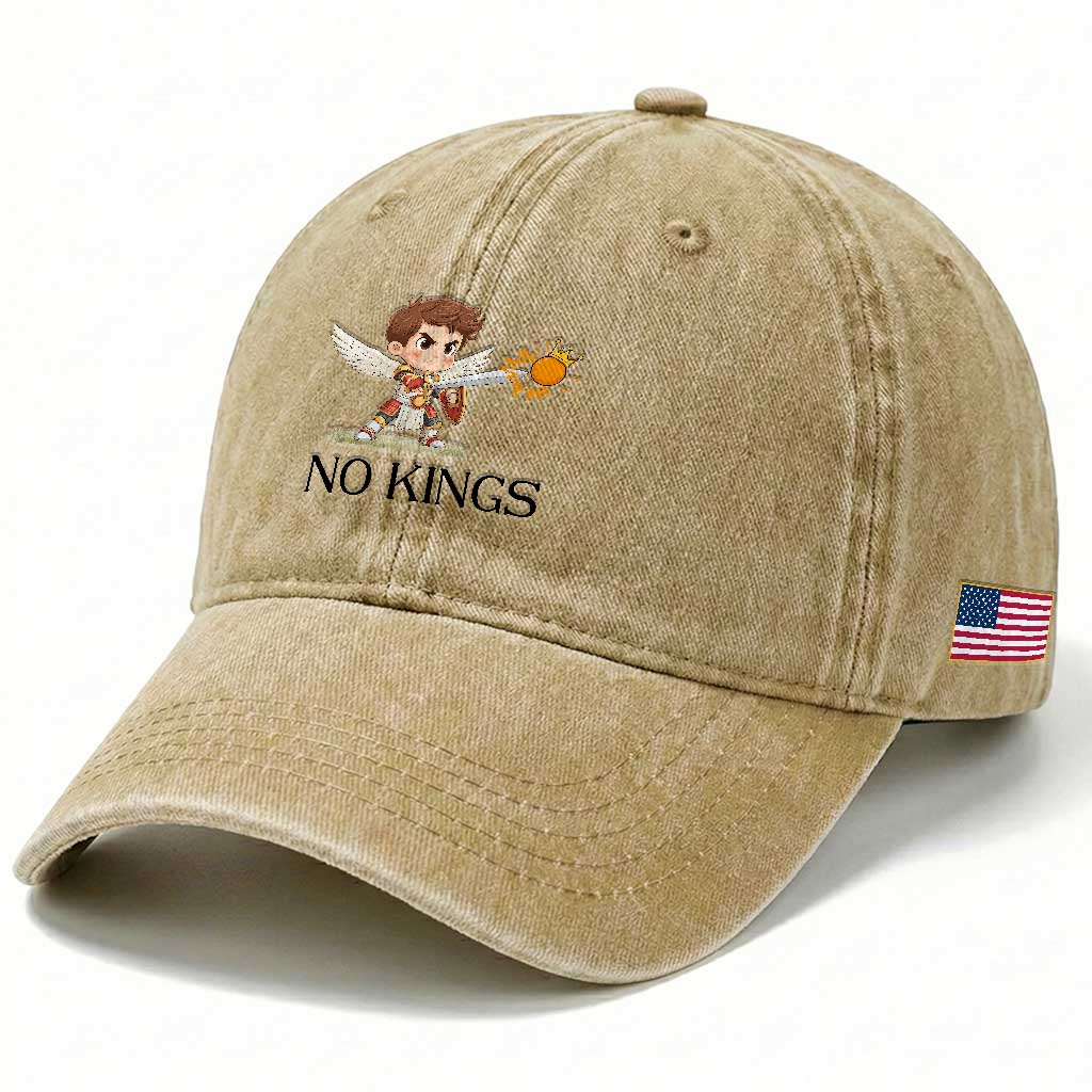 No Kings Washed Cotton Baseball Cap Funny Saint Michael Topples The Crown