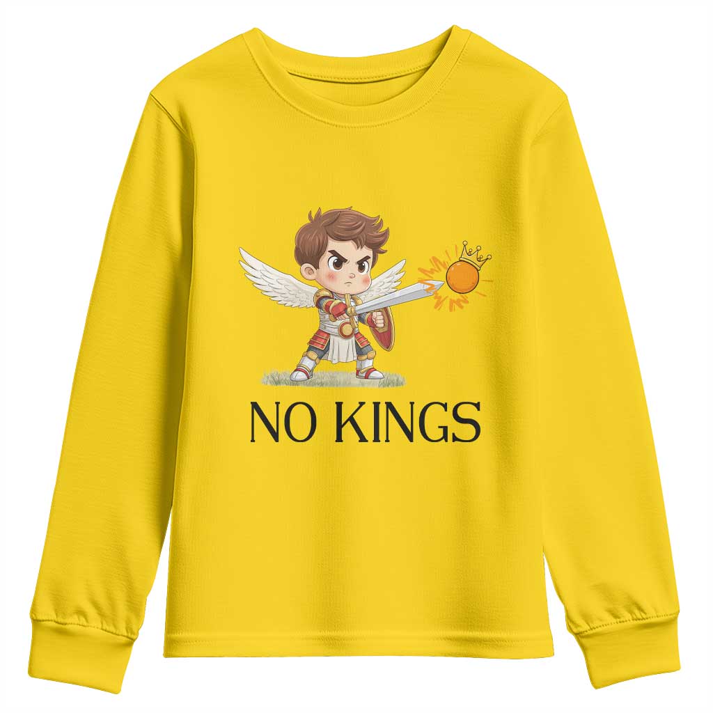 No Kings Youth Sweatshirt Funny Saint Michael Topples The Crown