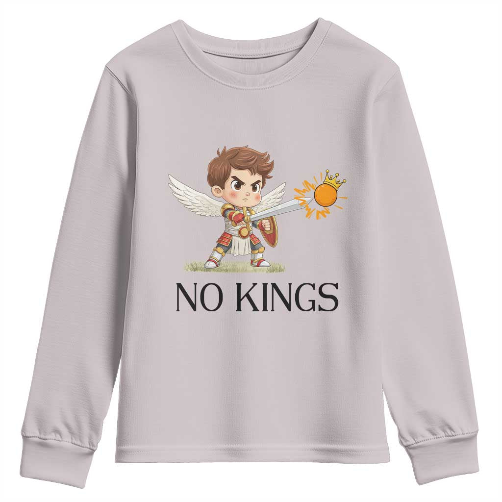 No Kings Youth Sweatshirt Funny Saint Michael Topples The Crown