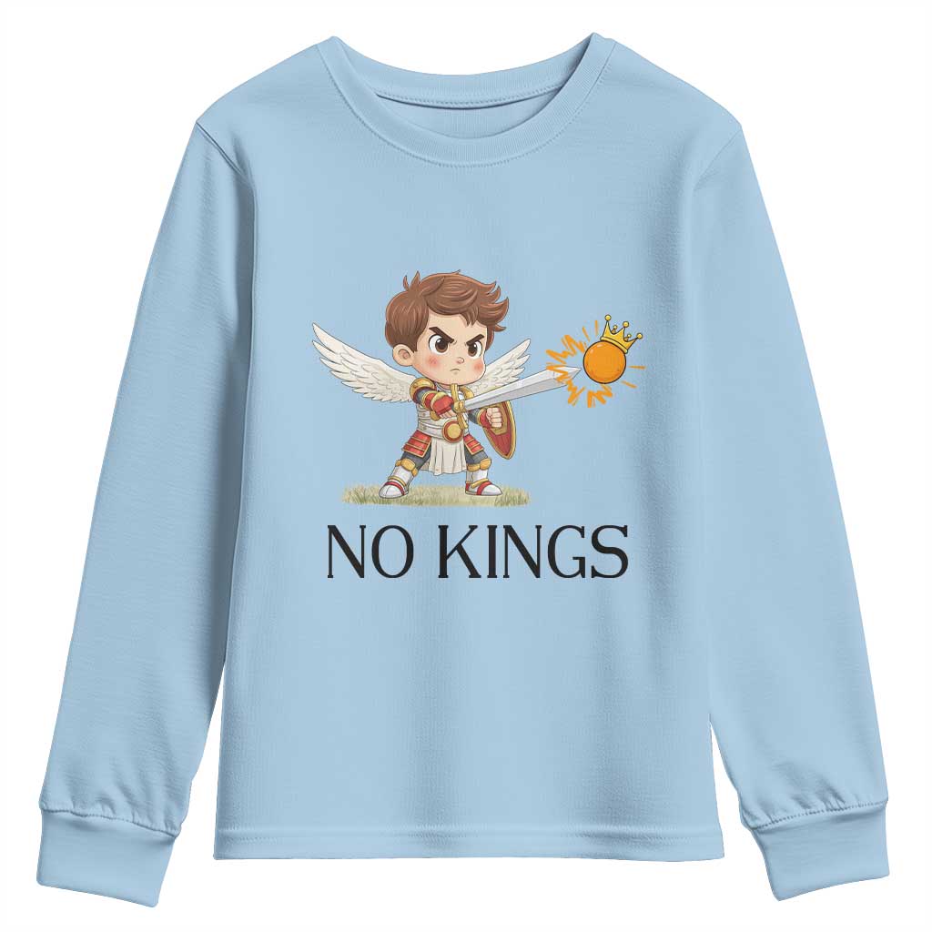 No Kings Youth Sweatshirt Funny Saint Michael Topples The Crown