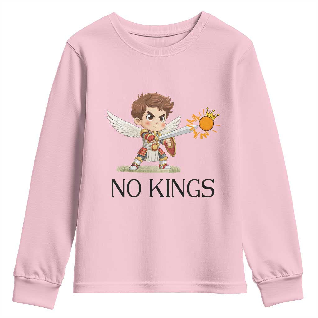 No Kings Youth Sweatshirt Funny Saint Michael Topples The Crown